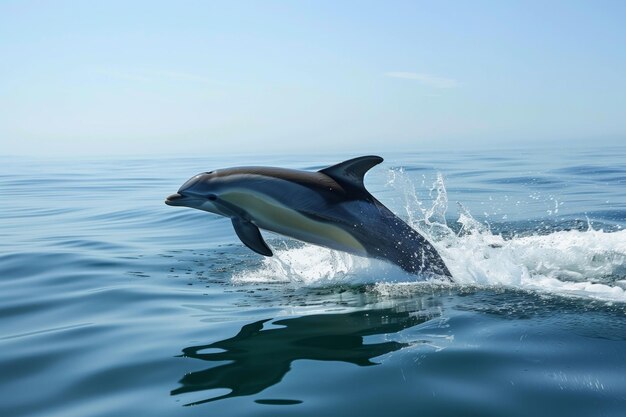 El delfín común salta con agilidad contra el sereno fondo azul del mar creando un salto dinámico