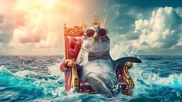 delfín con corbata con corona y gafas de sol sentado en un trono en el mar Generativo Ai