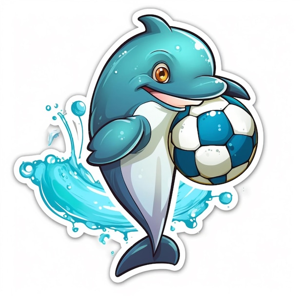 delfín de dibujos animados con una pelota en la mano ai generat