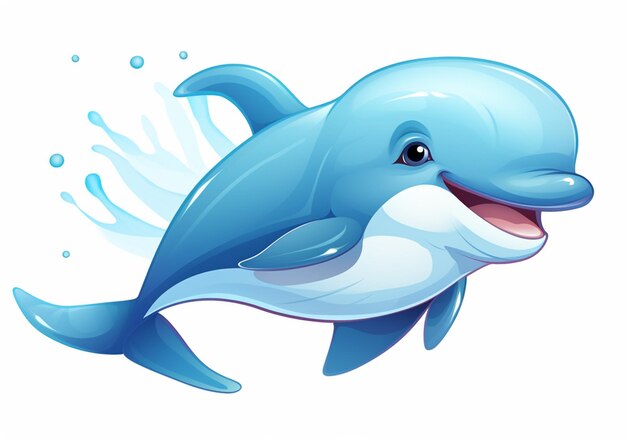 Foto delfín de dibujos animados con salpicaduras de agua en su cara ai generativa