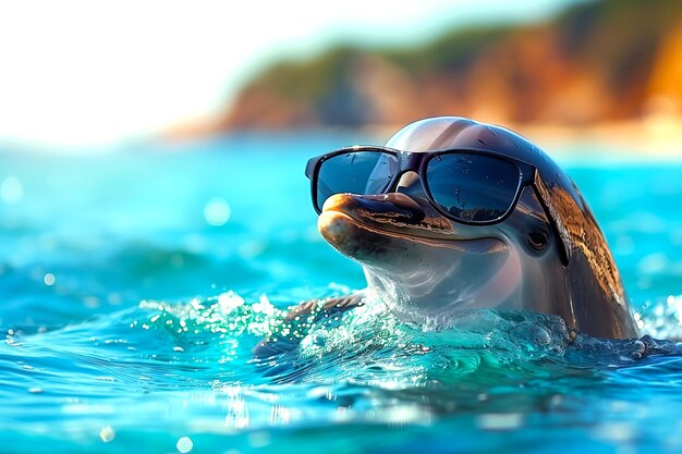 Delfín genial con elegantes gafas de sol sonriendo bajo el agua