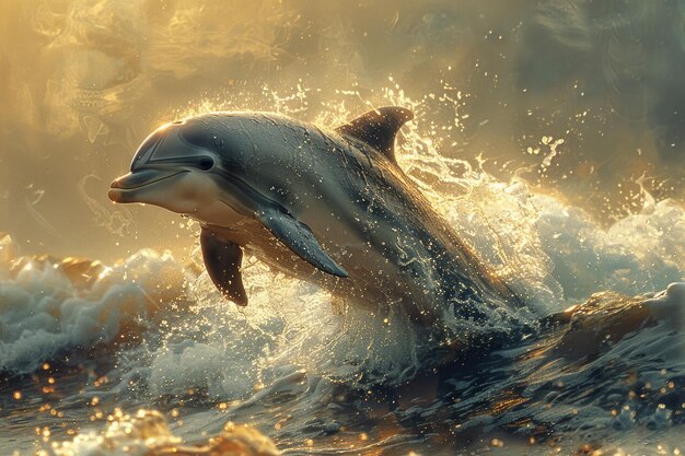 Un delfín gracioso salta por el aire contra un fondo borroso del océano