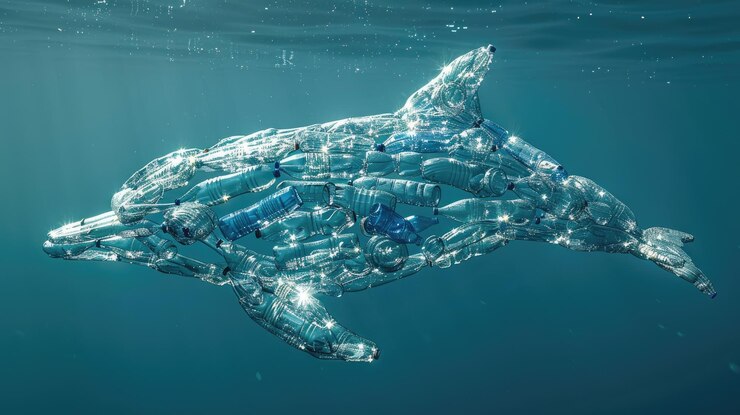 Un delfín hecho de botellas de plástico recicladas abogando por mares limpios y contaminación por plástico
