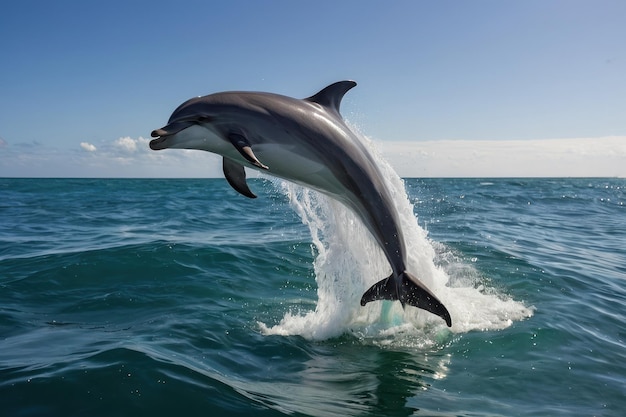 Un delfín juguetón saltando de las olas del mar