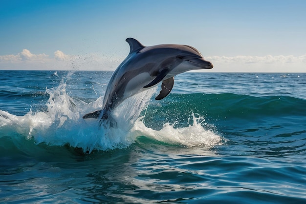 Un delfín juguetón saltando de las olas del mar
