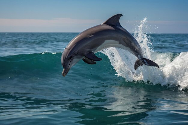 Un delfín juguetón saltando de las olas del mar