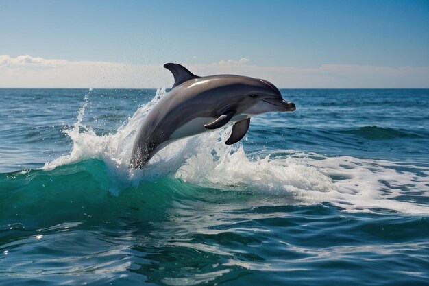 Un delfín juguetón saltando de las olas del mar