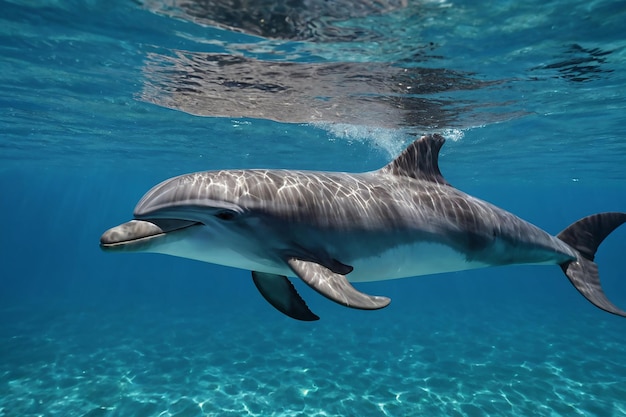 Un delfín nada en el agua azul transparente del mar