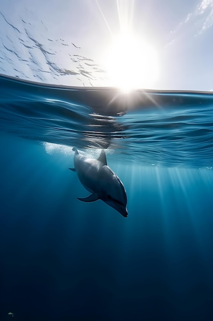 Un delfín nadando bajo el agua con el sol brillando sobre el agua.