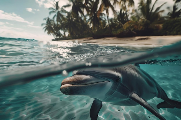 Foto delfín nadando cerca de la playa tropical