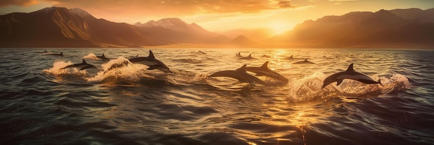 Un delfín nadando en el océano al atardecer