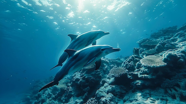 Un delfín nadando en el océano con rayos de sol y rayos solares