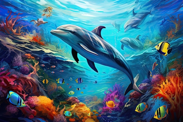 Delfín y peces tropicales en el arrecife de coral Ilustración Delfín con un grupo de peces coloridos y animales marinos con coral colorido bajo el agua en el océano AI Generado