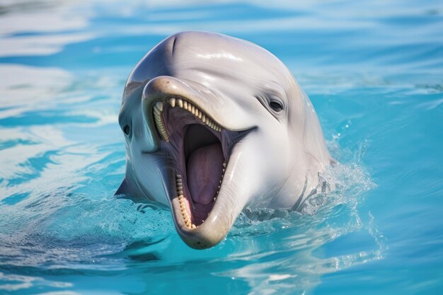 Delfín en primer plano de agua azul transparente
