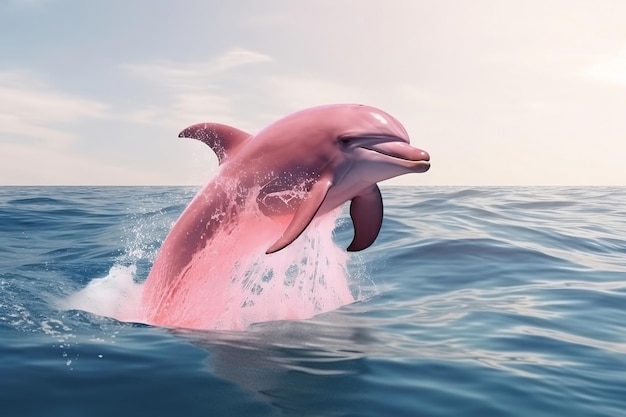 Delfín rosado en el océano con un cielo azul de fondo