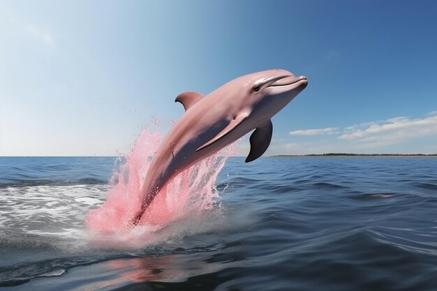 Un delfín rosado salta del agua con un cielo azul detrás.