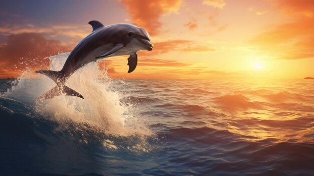 Un delfín salta del agua del mar en una puesta de sol
