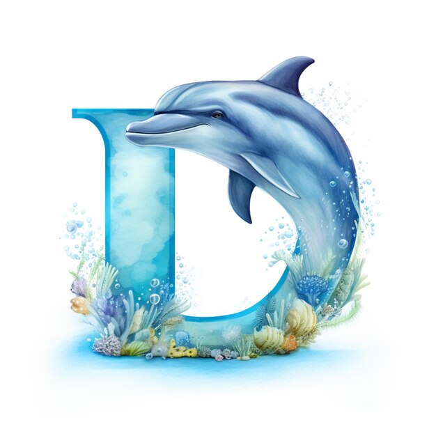 Foto delfín saltando fuera del agua con la letra d en el fondo generativo ai