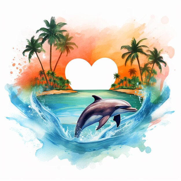 delfín saltando fuera del agua con palmeras en el fondo generativo ai