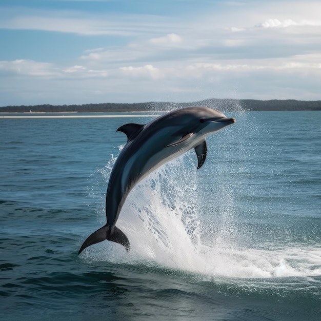 Un delfín saltando fuera del agua con una playa de arena al fondo.