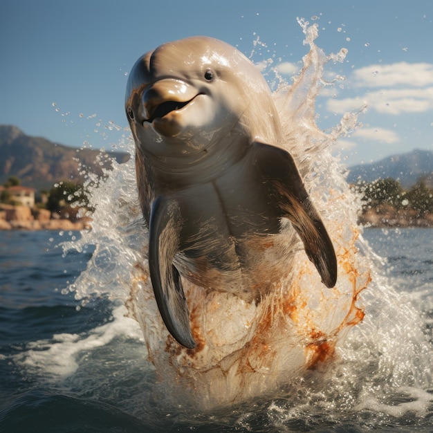Delfín saltando fuera del agua con salpicaduras de agua.