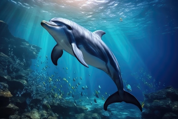 Delfine schwimmen auf einem malerischen Ort im blauen Meer