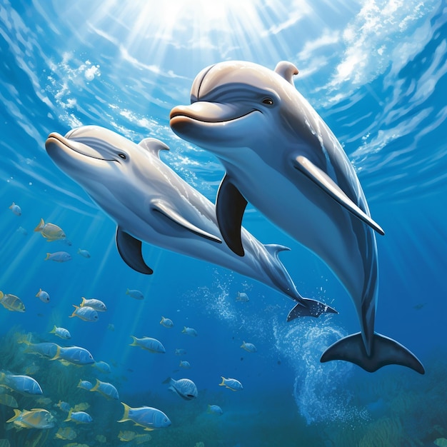 Delfine schwimmen im Ozean mit einem Fischschwarm.