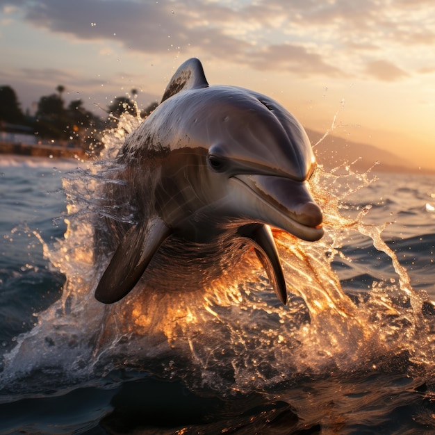 Delfine springen aus dem Wasser mit Sonnenuntergang im Hintergrund