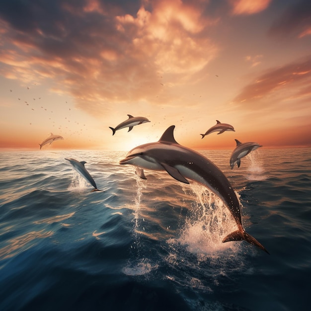 Delfine springen bei Sonnenuntergang aus dem Wasser. Generative KI