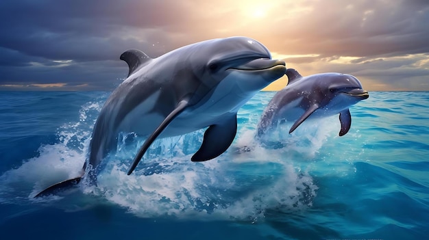 Delfines en el agua con puesta de sol.