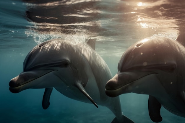 Delfines en el agua con el sol brillando sobre ellos