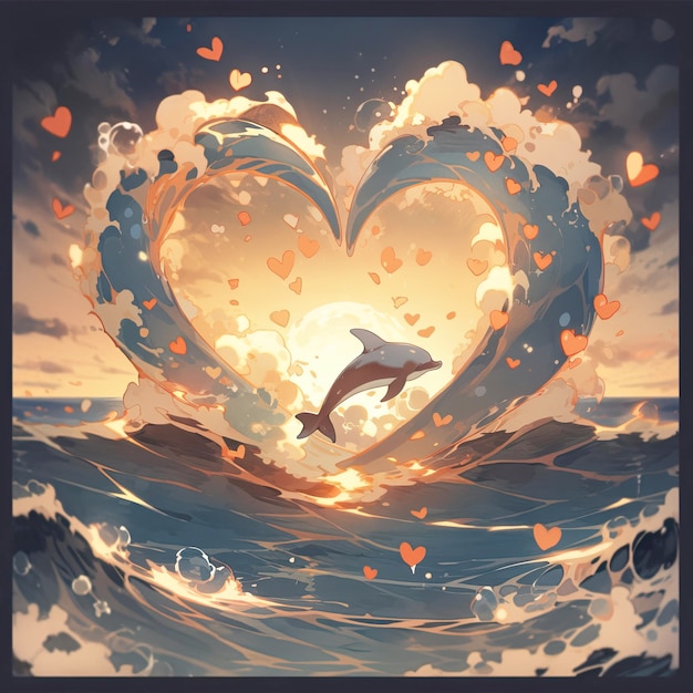 Delfines enamorados y salpicaduras de olas en forma de corazón.