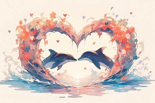 Delfines enamorados y salpicaduras de olas en forma de corazón.