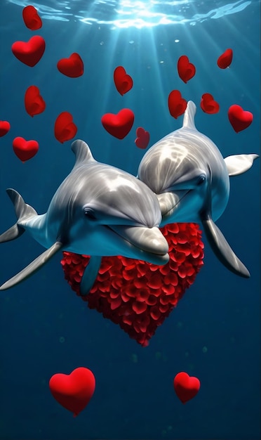 Los delfines en un fondo de corazones y flores de pétalos nadan en el fondo