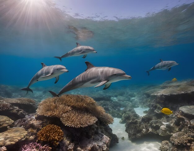 Delfines graciosos deslizando por um recife de corais vibrante sob o mar azul claro