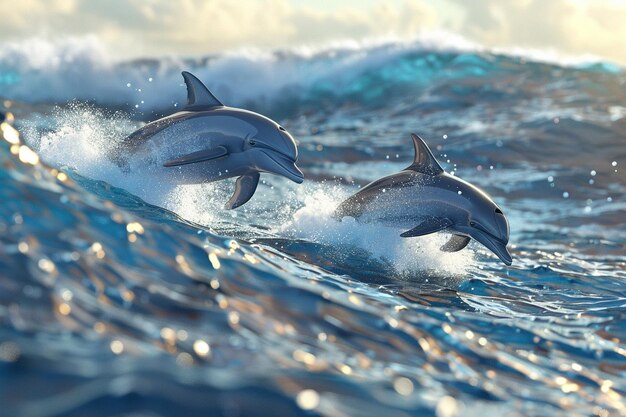 Foto delfines graciosos saltando nas ondas do oceano