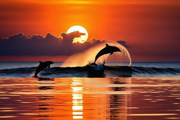 Foto los delfines juegan en el mar del atardecer