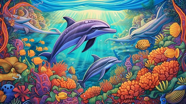 Delfines jugando en arrecifes de coral IA generativa