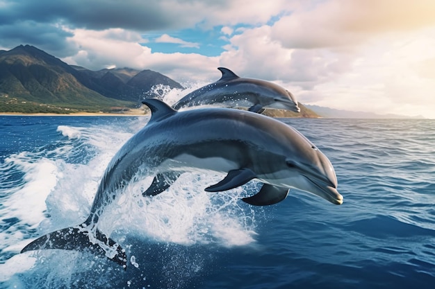 Foto delfines juguetones generados por ia saltando sobre las olas del océano pacífico de hawaii