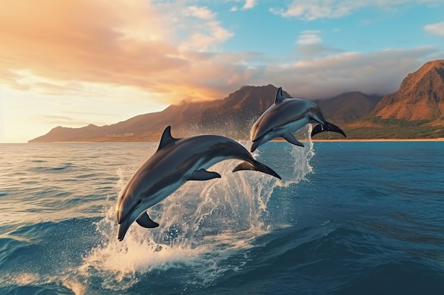 Foto delfines juguetones generados por ia saltando sobre las olas del océano pacífico de hawaii