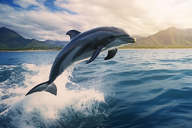 Foto delfines juguetones generados por ia saltando sobre las olas del océano pacífico de hawaii