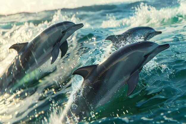 Foto los delfines juguetones jugando en las olas del océano oct