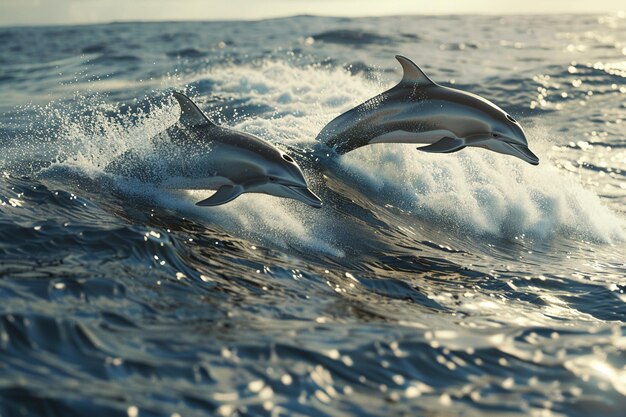 Delfines juguetones jugando en las olas del océano