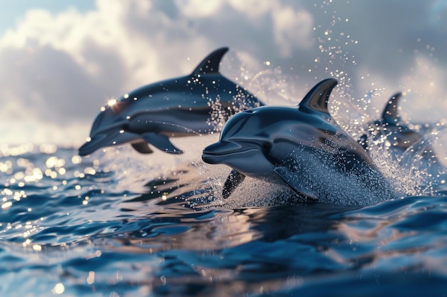 Los delfines juguetones salpicando en el océano