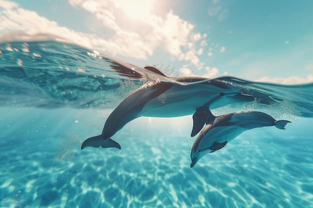 Los delfines juguetones saltan en aguas cristalinas