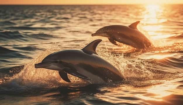 Delfines juguetones saltando en el mar al atardecer generado por IA