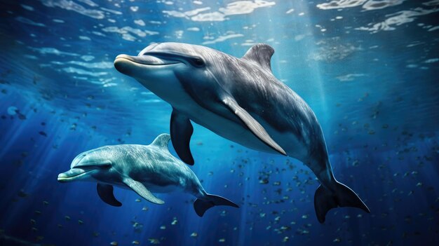 Los delfines nadan en el océano azul. Los delfenes habitan Mikurajima en Tokio.