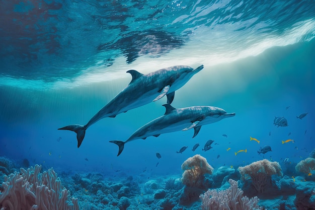 Delfines nadando en las aguas azules cristalinas del mar rojo