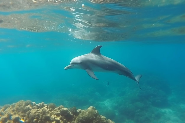 Delfines nadando bajo el mar Hermoso coral submarino y colorido en estado salvaje