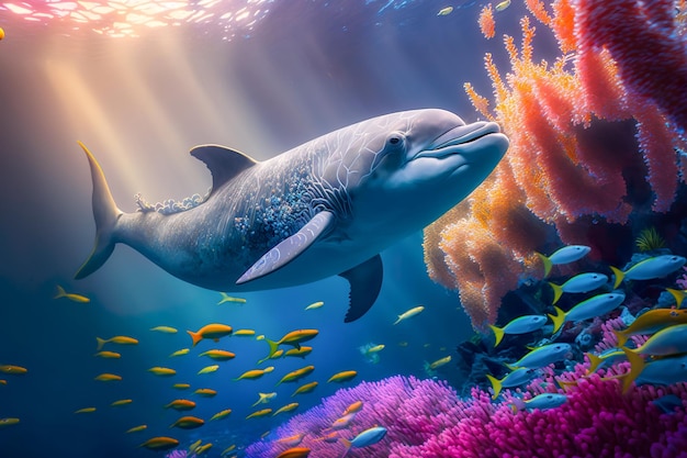 Delfines nadando bajo el mar Hermoso coral submarino y colorido en la naturaleza salvaje del Océano Pacífico Generar Ai